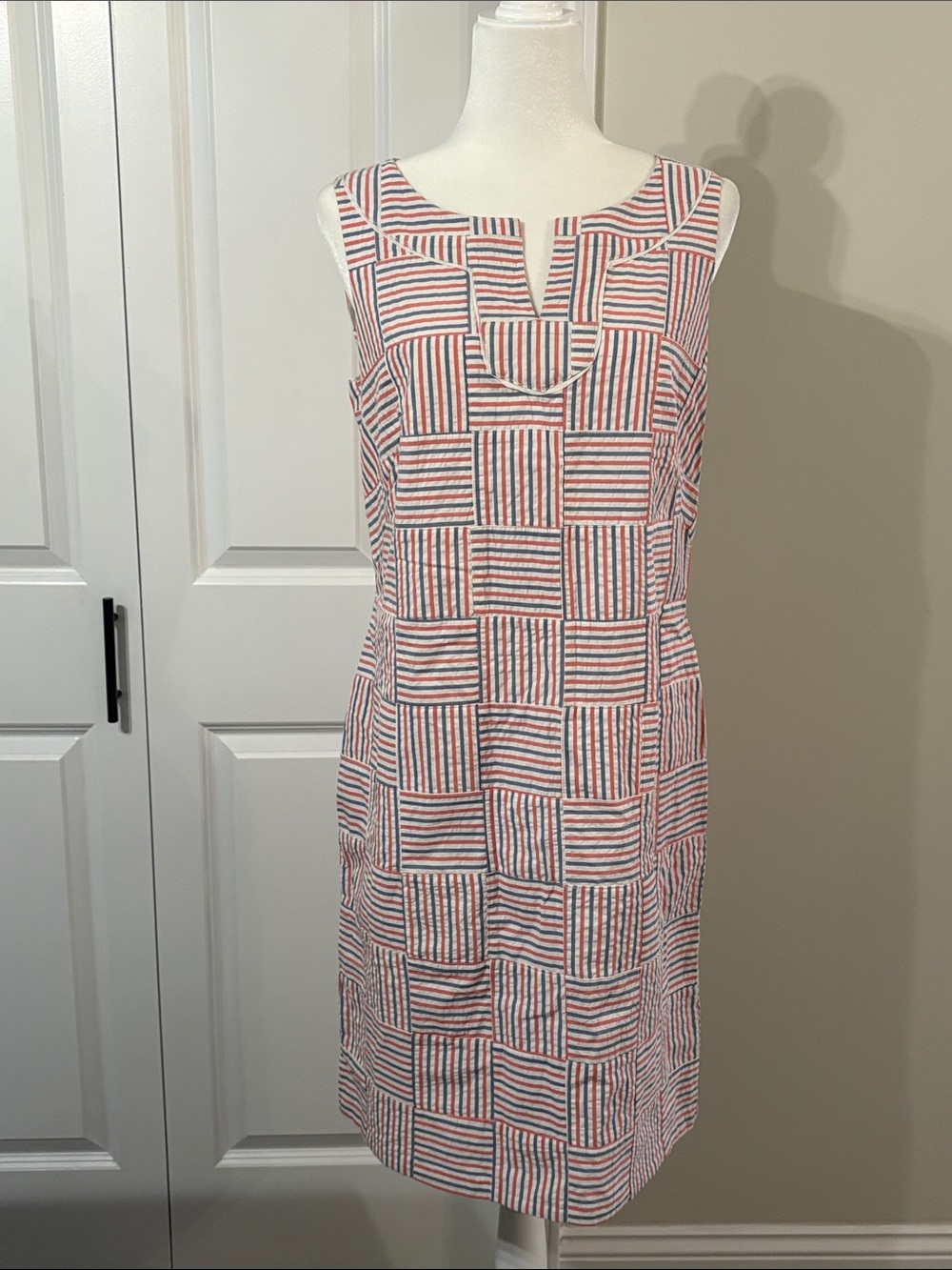 Talbots Red, Blue and White Sleeveless Geometric Block Midi Dress
